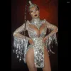 Sahne Giyim Gümüş Parlayan Pullar Rhinestones Pubsel Seksi Kadınlar Bodysuits Perspektif Kutup Dans Kostümü Gece Kulübü Bar Giyim