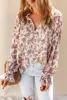 Hot Sale Fall Boho Clothing Elegant Women Tops Floral Split V Neck Bubble Sleeve Blouse