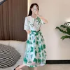 Women's Two Piece Pants Fashion Summer Shirt Set Women Big O Neck Embroidery Flower White Tops Mesh Green Butterfly Midi Skirt Suit WIth