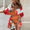 Casual Dresses Summer Work Dress 2023 Ladies Spring Short Sleeve Deep V Neck Print Irregular Hem Tunic Waist Sundress