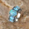 Trouwringen Vrouwelijke Luxe Ovale Blue Fire Opal Voor Vrouwen Bands Zilver Kleur Royal Zircon Stone Verlovingsring Sieraden