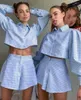 Dames Trainingspakken Blauw Y2K Casual Plaid Lounge Wear Dames Trainingspak Shorts Suits Lange Pofmouwen Losse Tops En Mini Tweedelige Set