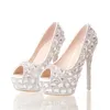 Elbise Ayakkabı El Yapımı Gümüş Elmas Düğün Peep Toe Toe Platformlar Rhinestone Prom Partisi Süper Yüksek Topuk Stilettos Gelin