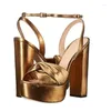 Sandaler Brown Metallic Leather Knot Chunky Heels Ankel Strap High Platform Open Toe Summer Party Shoes Women Square