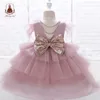 Girl's Dresses Yoliyolei Tiered Layers Tulle Dress Girl Gown Pearls Necklace V Back Design Flower Girl Wedding Clothes for Children Casual 230625