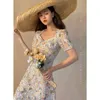 Party Dresses Floral French Dress Elegant Women 2023 Summer V-ringen Kort ärm Sair Print Chic Retro Sweet One-Piece Korean