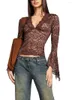 Women's T Shirts Elegant Lace Blouses Long Sleeve Crew V Neck Crop Top With Asymmetrical Knit And Irregular Sweater Design For Party