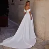 Fabuleux blanc a-ligne robes de mariée avant fente Boho plage robe de mariée perles Satin balayage Train mariée réception robe 326 326