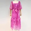 Party Dresses Fashion Runway Designer 2023 Spring Summer Dress Women Purple White Hollow Out Ruffles Puff Sleeve Belt