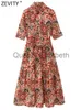 الفساتين غير الرسمية Zevity Women Vintage Totem Floral Print Court Style عارضة قميص Midi Fruck أنثى أنيقة قصيرة الأكمام القوس sashes Vestidos DS3947 J230625