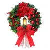 Decoratieve bloemen kerstkrans met verlichting | Kunstmatige ceder LED-lantaarn en rode ballen ornamenten lint strik Festi