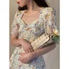 Party Dresses Floral French Dress Elegant Women 2023 Summer V-ringen Kort ärm Sair Print Chic Retro Sweet One-Piece Korean