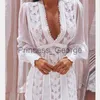 Abiti casual 2023 Nuove donne Autunno Boho Moda Abiti eleganti Sexy Scollo a V Solid Sheer Mesh Manica lunga a sbuffo Farfalla Mini abito in pizzo bianco x0625