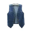 Femmes Gilets Sans Manches Veste Denim Chic Simple Outwear Gilet Gilet Casual Court Perlé Trous Mince All-Match Recadrée