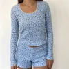 Dames Trainingspakken Xingqing Y2k Bijpassende Pyjama Set Vrouwen Bloemenprint Kanten Rand Ronde Hals Lange Mouwen Crop Top En Shorts Fairy Grunge