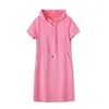 2023 été rose couleur unie robe à manches courtes col à capuche genou longueur robes décontractées W3L046211