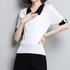Camisetas de mujer, camisa de punto de manga corta para mujer, cuello vuelto, solapa grande sólida, estilo coreano, moda femenina 6365