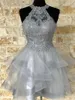 Party Dresses Sexy Halter Mini Short Silver Cocktail For Girls A Line Sleeveless Tulle Lace Appliques Pageant Vestido Homecoming Dress