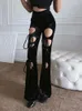 Pantalon femme velours noir évider à lacets gothique crayon grunge esthétique punk foncé sexy taille haute pantalon y2k bandage femmes bas