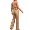 Women's Two Piece Pants Summer Women Outfits Solid Color Tiered Ruffles Camisoles Tank Tops Elastic Waist Wide-Leg Set