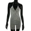 Casual Dresses Sparkly Rhinestone See Through Mini Dress Halter Backless Low Neckline Party Night Club Woman's Clothing
