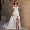 Fabuleux blanc a-ligne robes de mariée avant fente Boho plage robe de mariée perles Satin balayage Train mariée réception robe 326 326