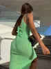 Vestidos casuales Trajes elegantes Verano Sexy Sin espalda con cordones Green Party Club Sin mangas de punto Slit Maxi Dress para mujeres