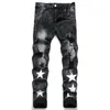 Mens Jeans Designer Jean Hombre Letter Star Men broderi lapptäcke rippade för trendmärke Motorcykelbyxor Skinny storlek