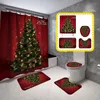 Sets 4 Pieces Bathroom Mat Set Waterproof Floral Print Shower Curtain+ Rug+ Toilet Lid Cover+ Bath Mat Christmas