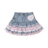 Skirts Lolita Style Mini Denim Women Gothic Lace Plaid Hearts Ruffles Jk Skirt Japanese Girls Sexy Y2k Punk Tiered Sweet