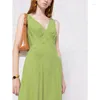 Casual Dresses Summer Green Rayon Deep V Medium Length Dress 2023 French Vintage Women's