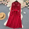 Vintage Light Luxury Feeling Polo Neck Long Sleeve Hollow Lace Dress Wrapped Up Waist Show Thin Temperament A-line Elegant Long Dress