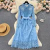 Vintage Light Luxury Feeling Polo Neck Long Sleeve Hollow Lace Dress Wrapped Up Waist Show Thin Temperament A-line Elegant Long Dress