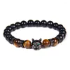 Bracelets porte-bonheur loup mâle 8 MM perle naturelle noir pierre de lave bleu oeil de tigre pour hommes Yoga bijoux Pulsera