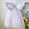 Girl's Dresses Rainbow Lace Princess Dress for Girls Summer Party Dresses Kids Short Sleeve Mesh Bow Wings Vestidos 3-12Y Children Cute Clothes 230625