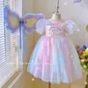 Girl's Dresses Rainbow Lace Princess Dress for Girls Summer Party Dresses Kids Short Sleeve Mesh Bow Wings Vestidos 3-12Y Children Cute Clothes 230625