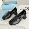 Black polish leather Platform Block heel shoes Round apron toes Slip-on shoes for women luxury designers Triangle logo High-heeled Plaque shoe Luxe lounge flats