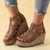 Sandalen im böhmischen Stil für Damen, Sommerschuhe, Leder, Peep-Toe mit Absätzen, Keilabsatz, Plateau, Gladiator-Sandalen