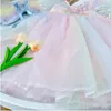 Girl's Dresses Rainbow Lace Princess Dress for Girls Summer Party Dresses Kids Short Sleeve Mesh Bow Wings Vestidos 3-12Y Children Cute Clothes 230625