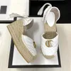 Women's espadrille sandal red and beige raffia slipper Mid-heel shoes White leather trim fashion platform sandals designer emblematic pattern shoe 35-41 05