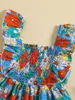 Girl Dresses KtwHarnu Toddler Baby Summer Dress Floral Print Ruffle Sleeve Square Neck Ruched Sundress Cute Boho Outfit (Orange