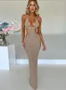 Lässige Kleider sexy hohl aus out rückenfreies Strick Maxi Kleid Frauen aus Schulter ärmelloser Körperkonsum schnüren massive elegante weibliche Strandoutfits