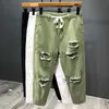 Jeans pour hommes Tendance japonaise Nouveaux jeans déchirés pour hommes Blanc Vert Bla Cheville Leng Vous Mode Loose Denim Harem Cargo Pants J230626