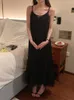 Günlük Elbiseler 2023 Kadın Yaz Vintage Sling Kore Tarzı Gevşek Düz Renk Spagetti Kayışı Örgü Trompet Elbise Zarif Kadın