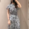 Lässige Kleider Kuzuwata Sommer Japan Style Blumendruckkleid fliegende Ärmeln Schnüren hoch Taille Robe Elegant, beschissener, schlanker Passform