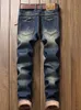 Mäns jeans män faller fleece tjocka jeans slim-fit mikro-bounce hip hop mode cat-skägg rak ben denim byxor prom party ungdomsmän slitage 230626