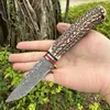 Camping Hunting Knives Fixed Outdoor Hunting Knife 5Cr15Mov Blade With Damascus Coating Faux Ivory Handle High Quality Sheath Fishing Hiking CampingHKD230626