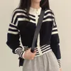 여자 니트 지퍼 스프링 줄무늬 긴팔 한국어와 코트 빈티지 칼라 스웨터 탑 스탠드 업 세련된 여름 여자 카디건