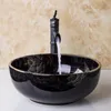 New Black Top High Quality Ceramic Black With peony Pattern wash basin sinks bowl Bamboo Hot And Cold Copper Tap Aoccv