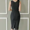 Abiti casual 2023 Summer Sexy Black Mesh Hollow Lace Tank senza maniche Fashion Elegant Slim Bodycon Party Club Dress